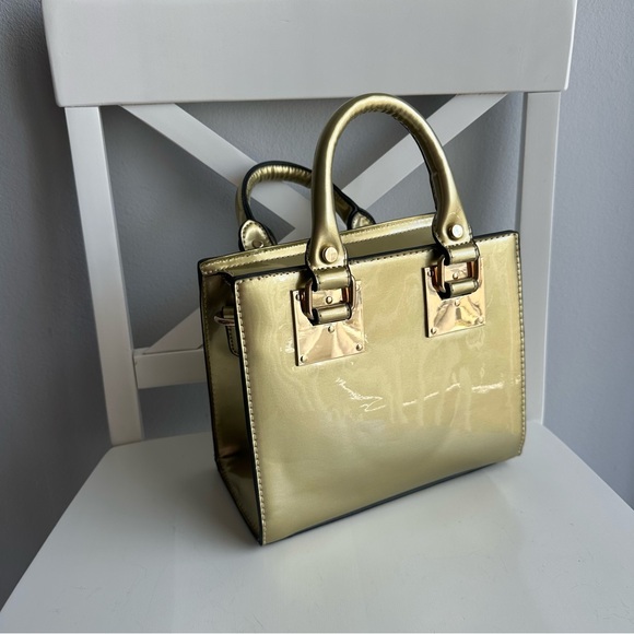 Vintage Faux Leather Patent Small Satchel Handbag w/ Crossbody Strap in Gold - Picture 2 of 11